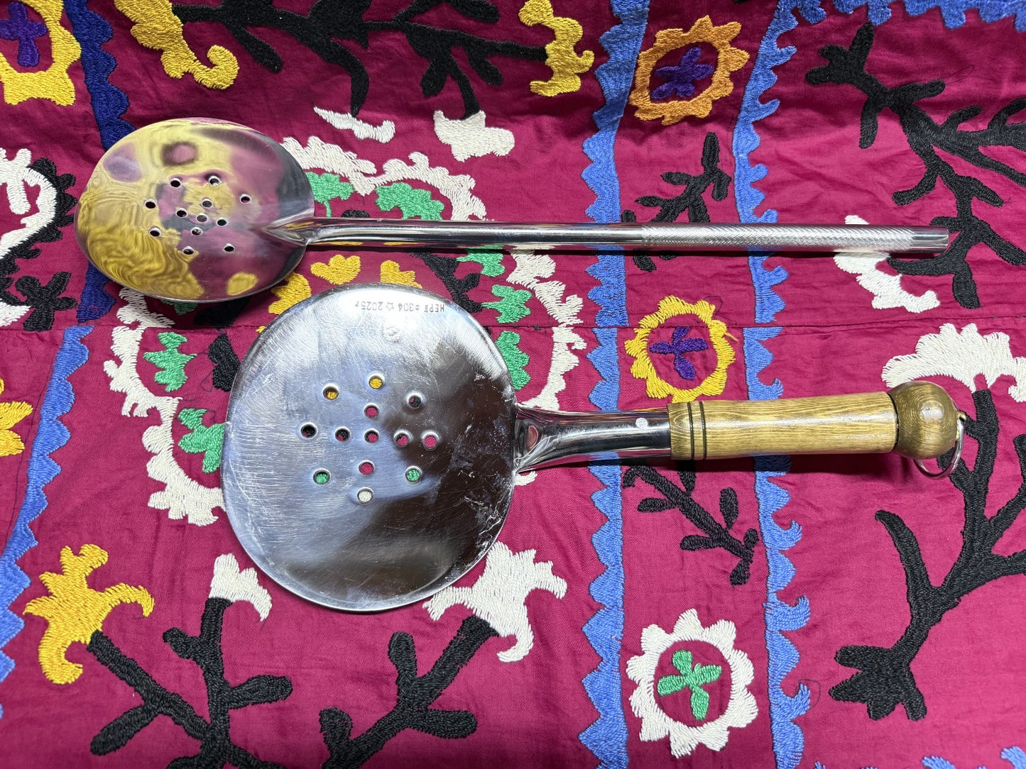 Lot of 2 Handmade Stainless Steel Skimmers –  Wooden Handle Kitchen Tools Uzbek2
