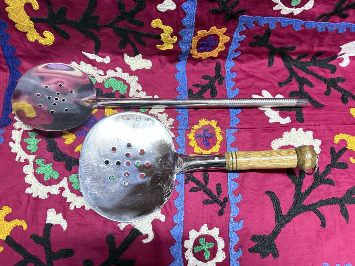 Lot of 2 Handmade Stainless Steel Skimmers –  Wooden Handle Kitchen Tools Uzbek2