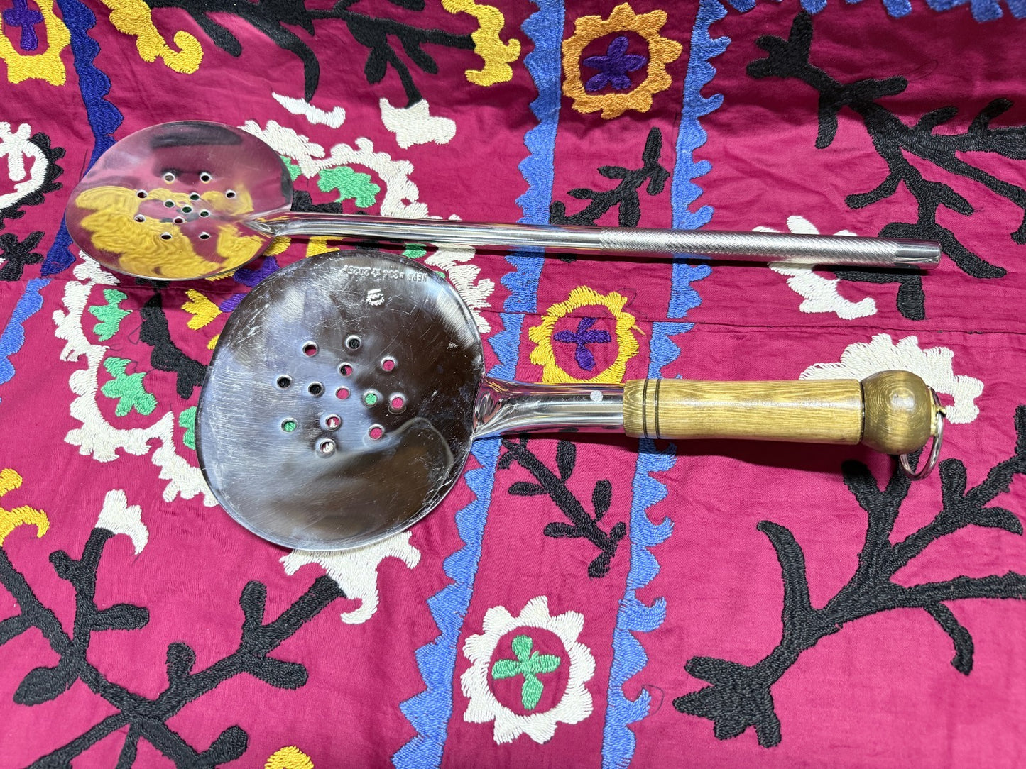 Lot of 2 Handmade Stainless Steel Skimmers –  Wooden Handle Kitchen Tools Uzbek2